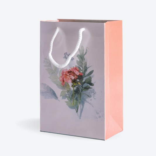 White & Peach Floral Printed Paper Bag (Pack of 10)