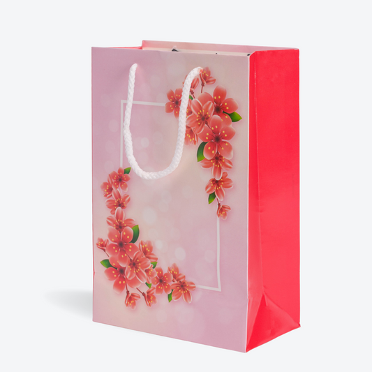 Red Floral Printed Paper Bag (Pack of 10)