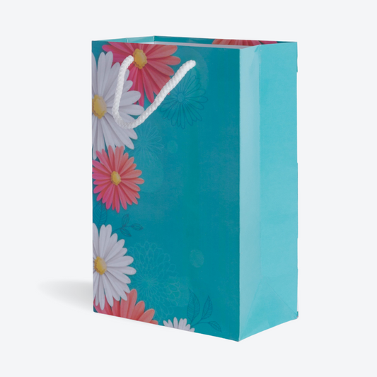 Sea Blue Floral Printed Paper Bag (Pack of 10)
